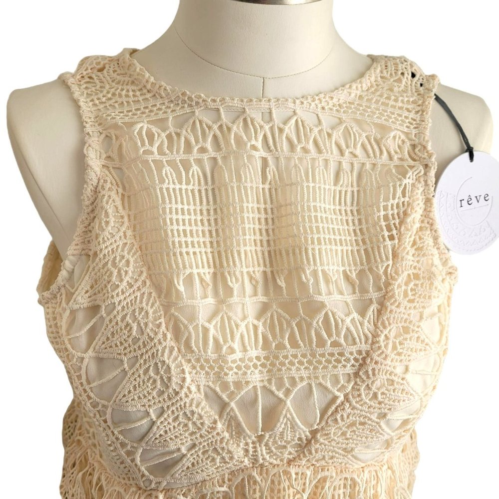 Reve Ivory Dress Lace Sleeveless Maxi Layered Semi-Lined Woman's Large NWT CJ203